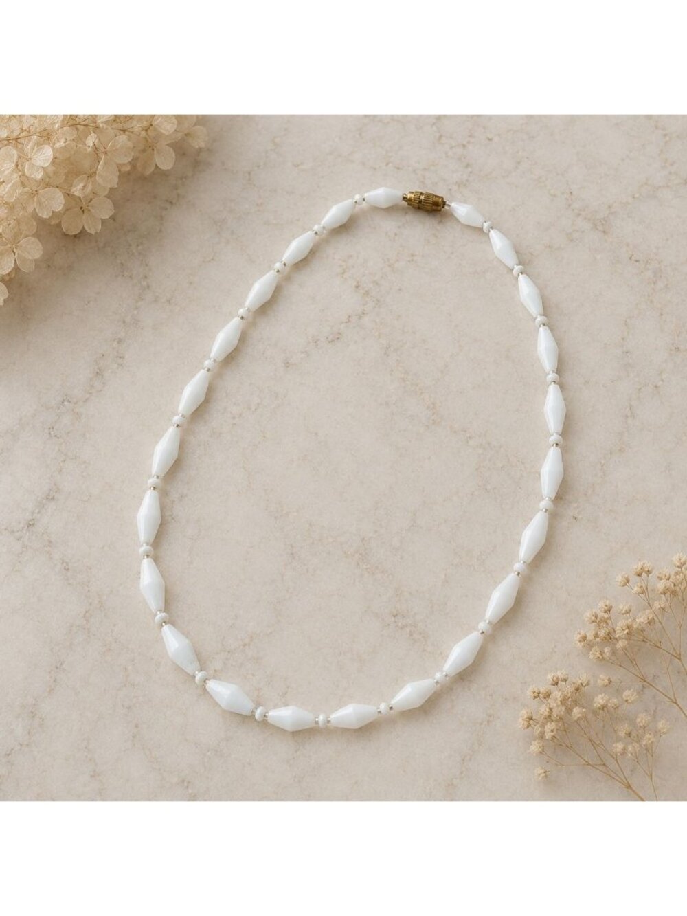 Vintage 1960s White Glass Bead Necklace Made in India New Old Stock Never Worn